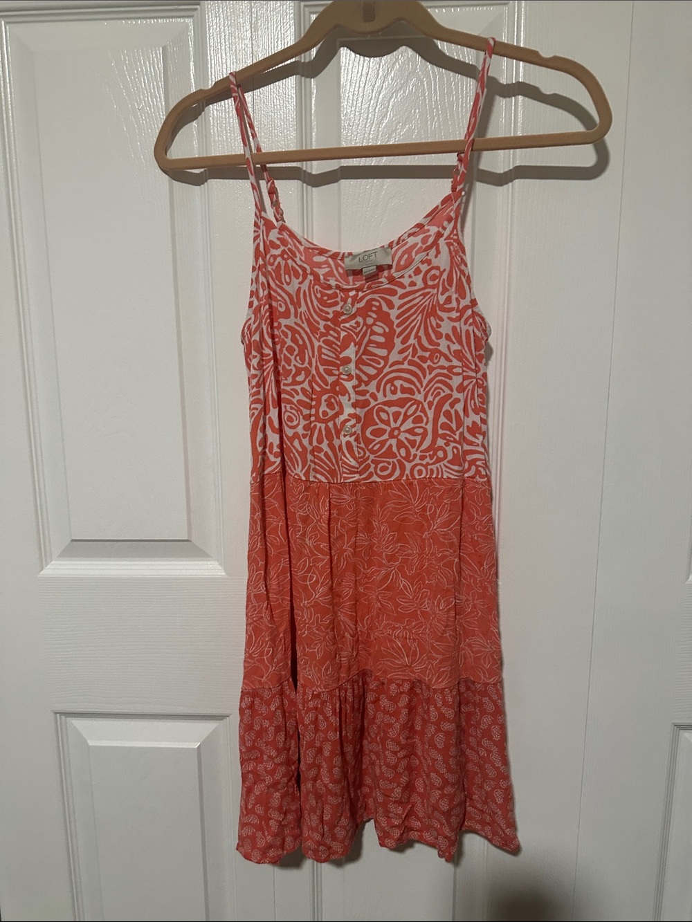 LOFT Coral Printed Tiered Spaghetti-Strap Mini Dress